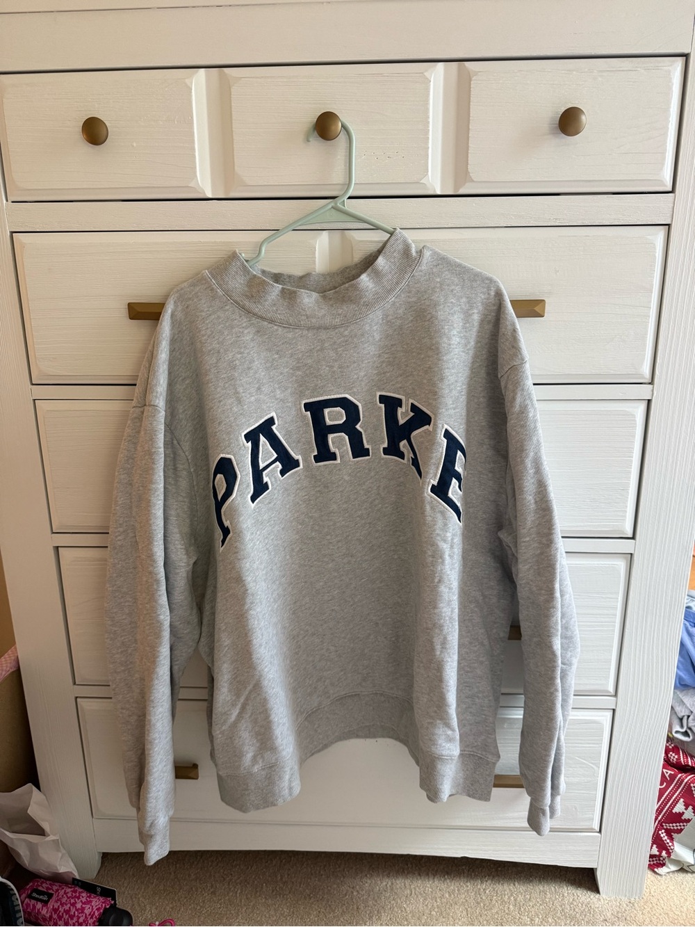 PARKE classic gray and navy lettering Heritage material mock neck